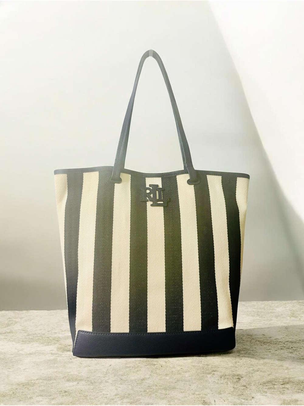 Lauren Ralph Lauren Canvas & Leather Stripe Large Tote Bag Navy & White